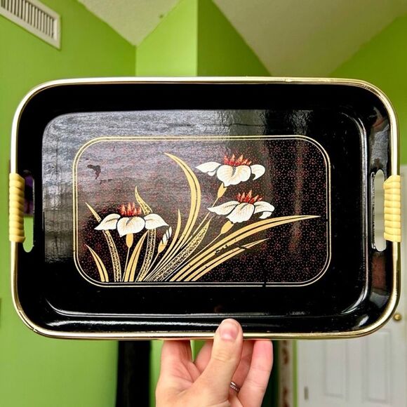 Other - Vintage Floral Oriental Black Tray With Handles Rustic Ottoman Tabletop Storage